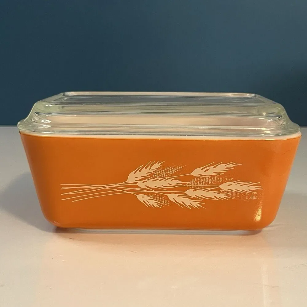 Vtg PYREX Autumn Harvest Wheat Refrigerator Dish 502 With Lid Made In USA *HTF